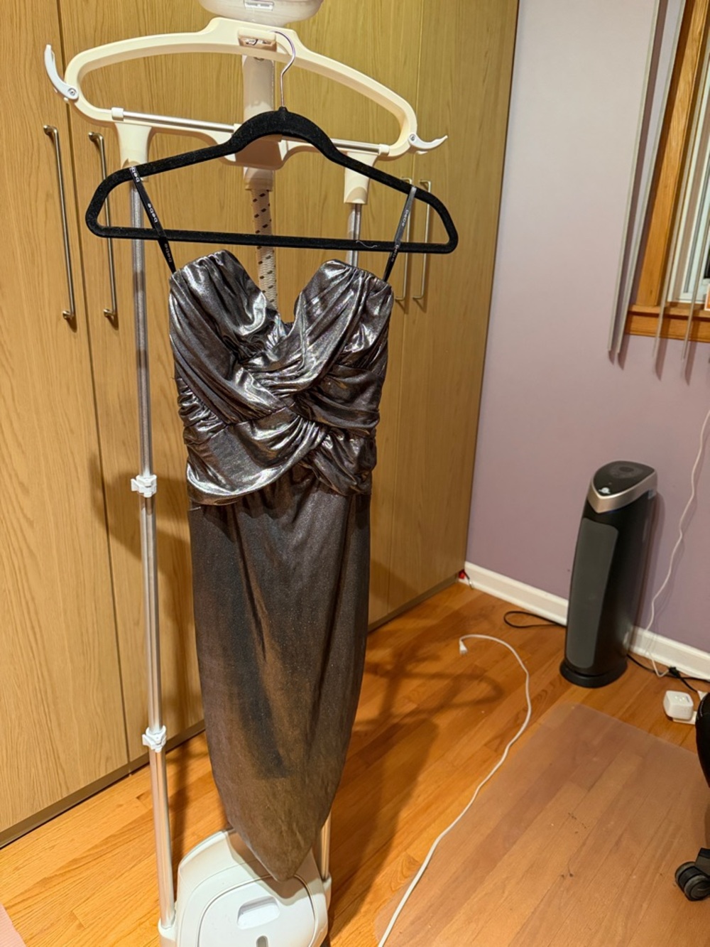 bebe Metallic Charcoal Silver Draped Maxi Dress